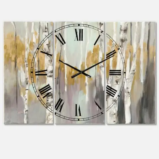 Designart Silver & Yellow Birch Forest Farmhouse 3 Panel Wall Clock {1}