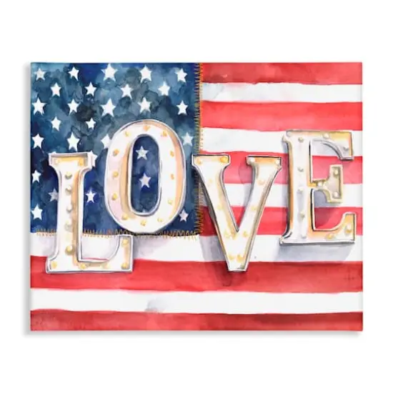 Stupell Industries Vintage Love Text Over Stitched American Flag Canvas Wall Art {1}