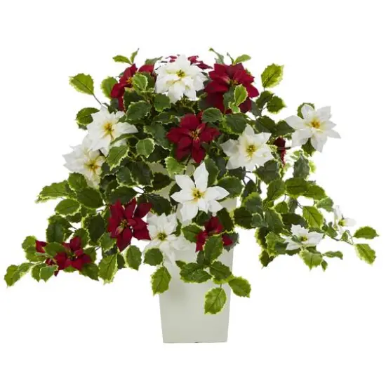 23” Poinsettia & Variegated Holly Artificial Plant in White Decorative Planter {1}