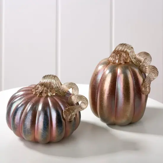 Glitzhome&reg; Blue & Gold Glittery Glass Pumpkin Set {3}