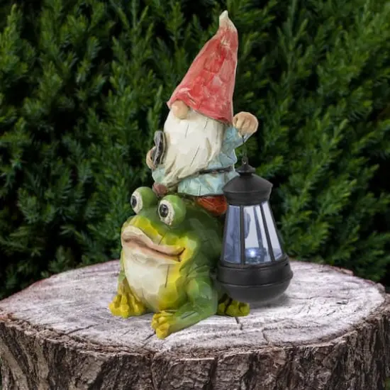 12.5" LED Solar Lighted Gnome & Frog Outdoor Garden Statue {3}