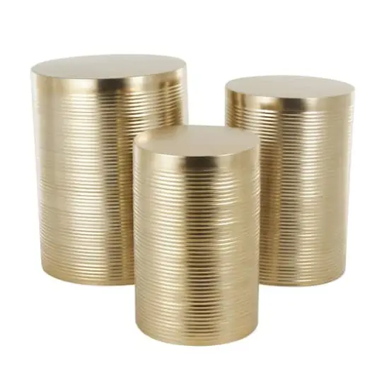 Gold Metal Metallic Ribbed Drum Accent Table Set {4}