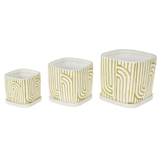 Green Geometric Linear Arch Pattern Ceramic Planter Set {9}