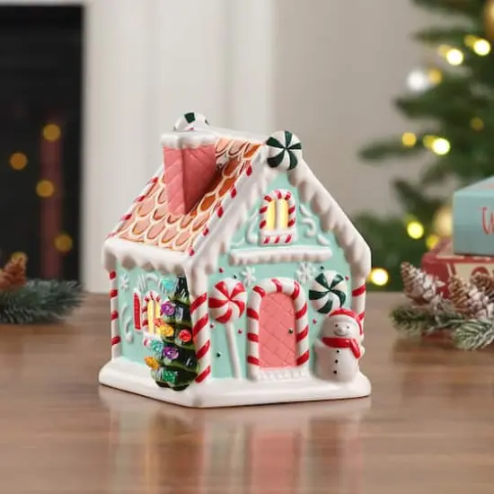 7" Teal Nostalgic Ceramic Lit Gingerbread House {3}