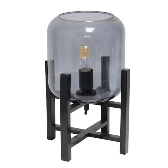 Simple Designs 13.5" Black Wood Mounted Table Lamp with Glass Cylinder Shade Smoke Glass {1}