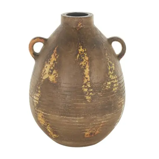 15.25" Brown Ceramic Antique Style Distressed Vase with Grooves & Handles {7}