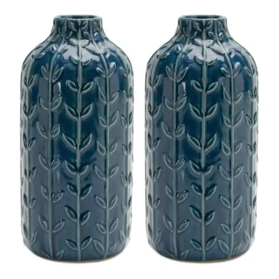 8.75" Blue Ceramic Leaf Pattern Vase, 2ct. {1}