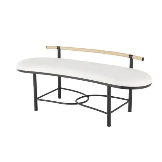 60.25" White Fabric Abstract Upholstered Oval Home Bench with Black Metal Frame & Rope Rod Backrest {9}