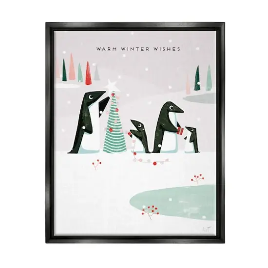 Stupell Industries Warm Winter Wishes Snowy Penguins Framed Floater Canvas Wall Art Black {1}