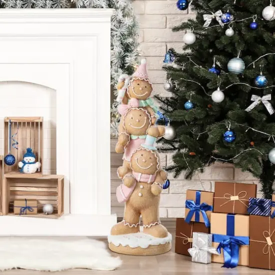 Glitzhome&reg; 29.25" Christmas Macaron Resin Stacked Gingerbread Man Porch Decor {4}