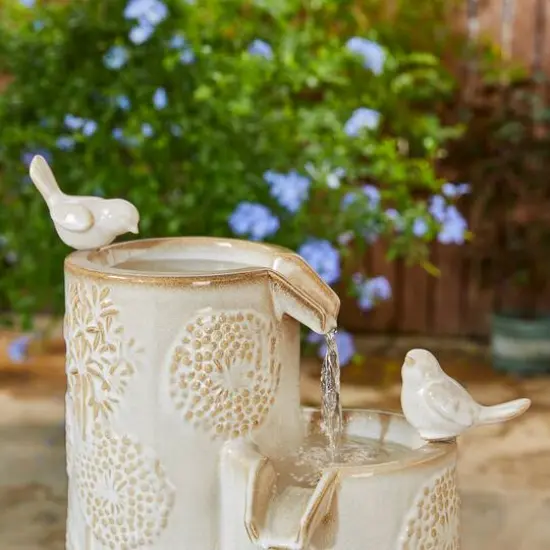 Glitzhome&reg; 31.75" Beige 4-Tier Dandelion Texture Vase-Shaped Ceramic Outdoor Fountain with LED Light {7}