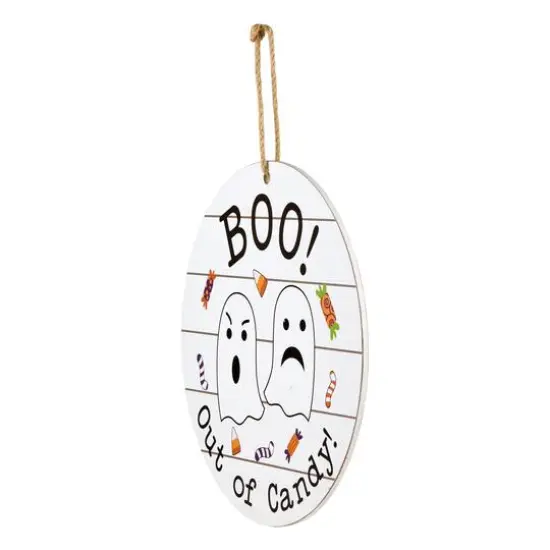 12" White Hanging Double-Sided Trick or Treat/Out of Candy Round Plank Sign {7}