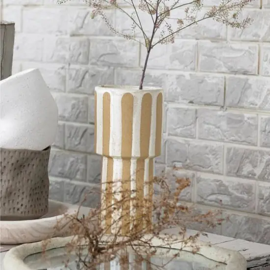 Hello Honey® 11" Cream & Brown Wax Relief Striped Round Stoneware Vase {4}