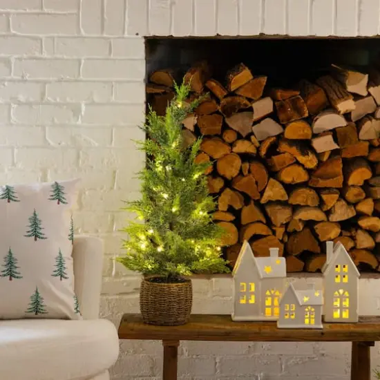 32in. Pre-Lit Artificial Lightly Snowed Cypress Christmas Tree with 30 Warm White LED Lights in Decorative Weaved Basket {12}