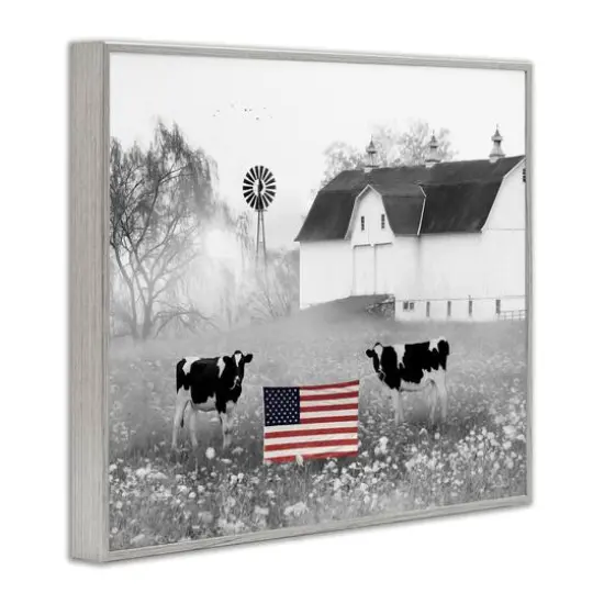 Stupell Industries Americana Barn Country Cows Flag Framed Giclee Art Gray {4}