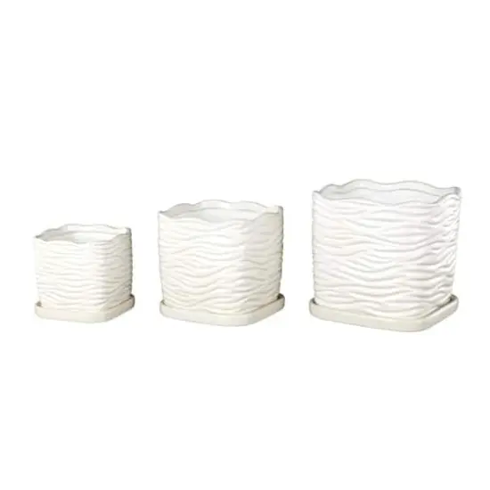 White Wavy Ribbed Ceramic Planter Set {9}