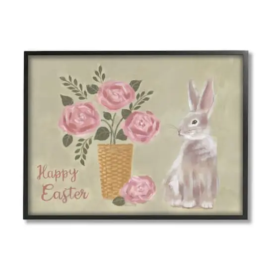 Stupell Industries Happy Easter Bunny Rose Bouquet Framed Giclee Art Black {1}