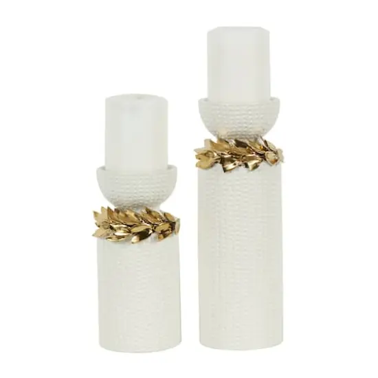 White Abstract Spotted Ceramic Pillar Candle Holder Set with Gold Leaf Accents {4}