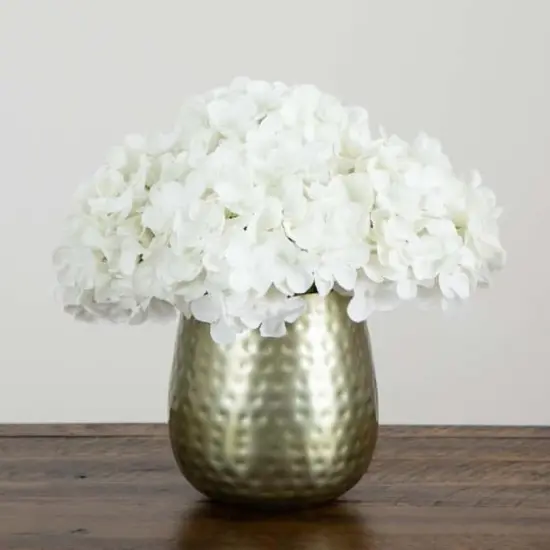 11" White Hydrangea Arrangement in Gold Metal Vase {5}
