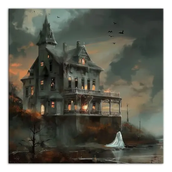 Haunted Lakeside Mansion 16" x 16" Canvas Wall Art {1}