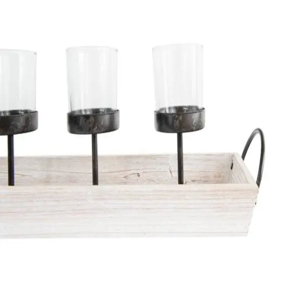 Hello Honey&reg; Rectangle Wood Tray Holder with 5 Clear Glass Votive Candleholders {5}