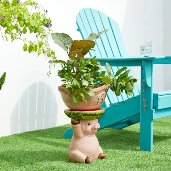 Glitzhome&reg; 12.5" Pig Holding a Watermelon Decorative Garden Stool {4}