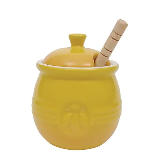 Hello Honey&reg; 4.3" Yellow Ceramic Honey Pot & Wood Dipper {4}