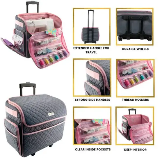 Everything Mary Quilted Pink & Gray Deluxe Rolling Sewing Machine Tote {7}