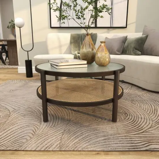34" Brown Rattan Coffee Table with Pressed Tempered Glass Top {11}