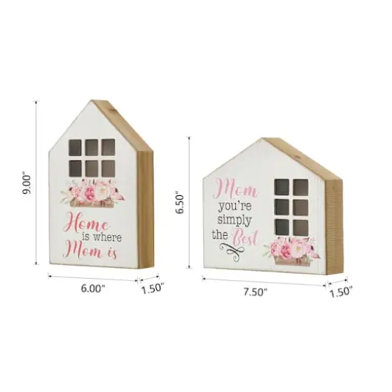 Glitzhome&reg; Lighted Wood Mother's Day House Shaped Table Sign Set {9}
