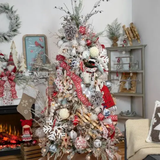 5" Glittered Red & White Snowflake Glass Finial Christmas Ornament {6}