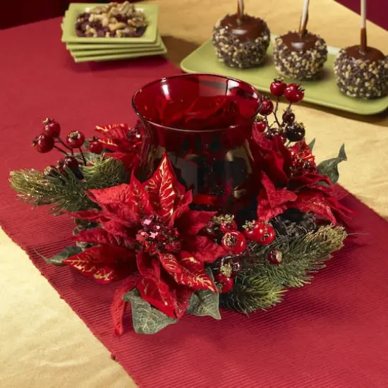 13" Poinsettia & Berry Candelabrum Artificial Arrangement {7}