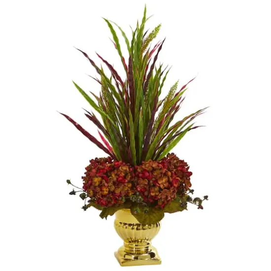 2ft. Rust Grass & Hydrangea Arrangement in Gold Urn {1}