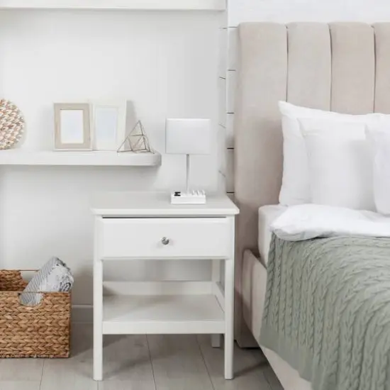 Simple Designs 15.3" Table Lamp with 2 USB Ports & Charging Outlet White Base/White Shade {7}