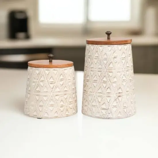 Cream Paper Mache Handmade Carved Triangle Tribal Canisters with Removable Lids Set {7}