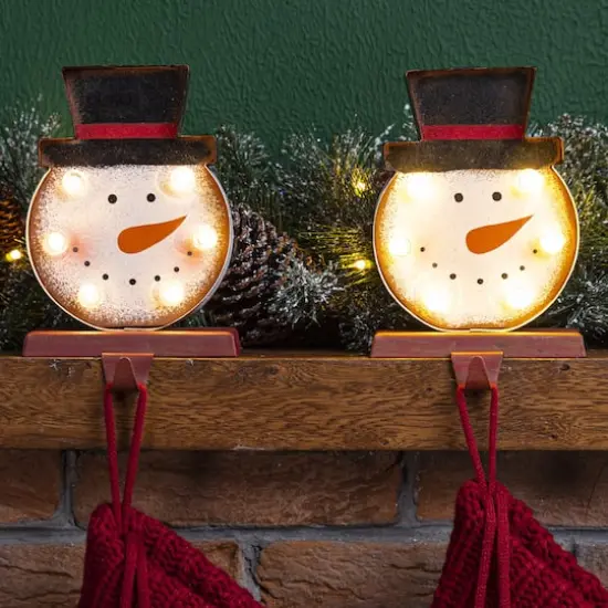 Glitzhome&reg; 7" Marquee LED Snowman Head Stocking Holder Set {3}