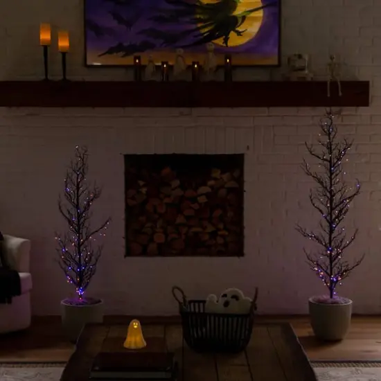 4ft. Pre-Lit Artificial Halloween Black Spooky Twig Tree with 160 Orange & Purple Copper Wire String LED Lights {11}