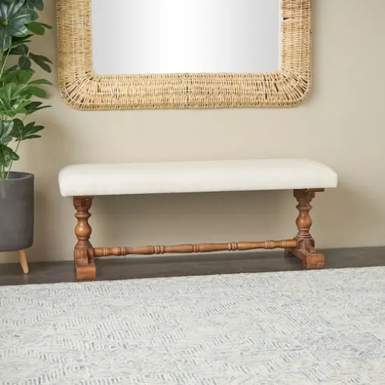 Cream Fabric Bench with Brown Turned Legs {3}