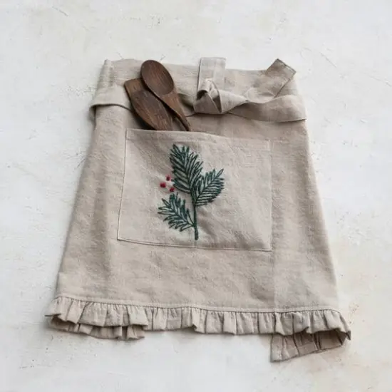 Hello Honey® Natural, Green & Red Woven Cotton & Linen Half Apron with Hand-Embroidered Holly, French Knots, Pocket & Ruffle {3}
