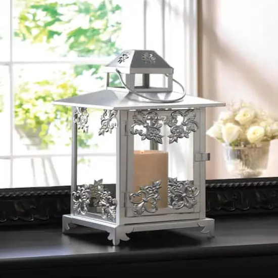 13" Silver Scrollwork Candle Lantern {3}