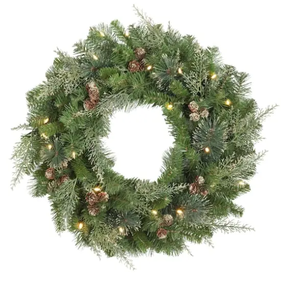 Haute Decor 24" Pre-Lit Bergen Pine Gold Accents Wreath, Soft White LED Lights {1}