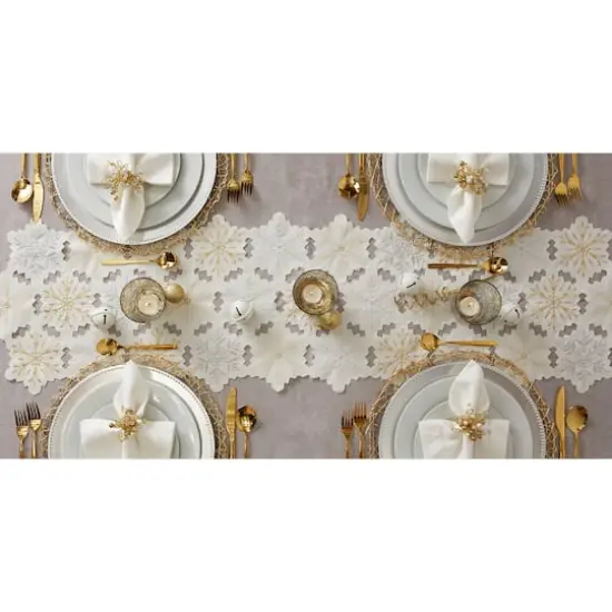 DII® 54" White and Gold Embroidered Snowflakes Table Runner {11}