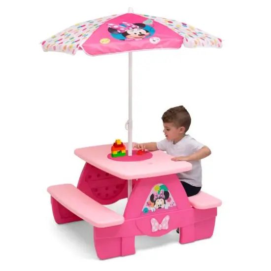 Disney® Minnie Mouse 4 Seat Activity Picnic Table with Umbrella & LEGO Compatible Tabletop {1}