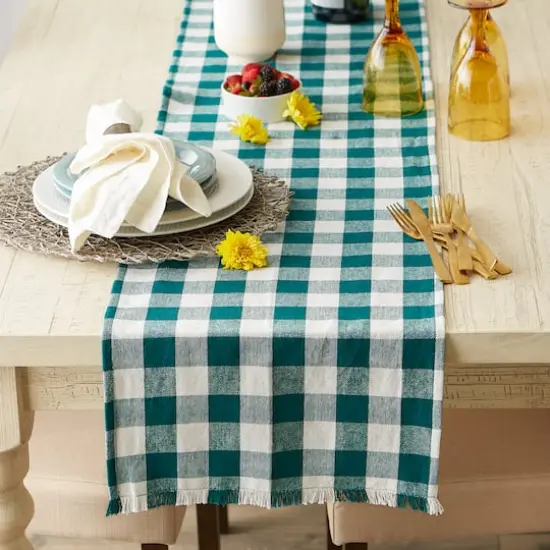 DII&reg; 108" Heavyweight Check Fringed Table Runner Teal {6}