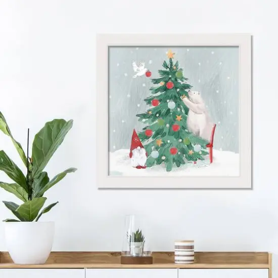 Christmas Creatures Tree Decorating White Framed Canvas Wall Art {3}