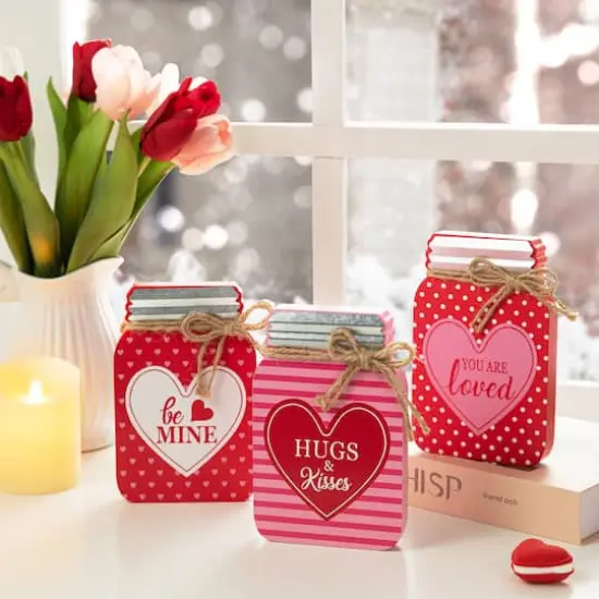 Glitzhome&reg; 7" Set of 3 Valentine's Wooden Mason Jar Table Decor {4}