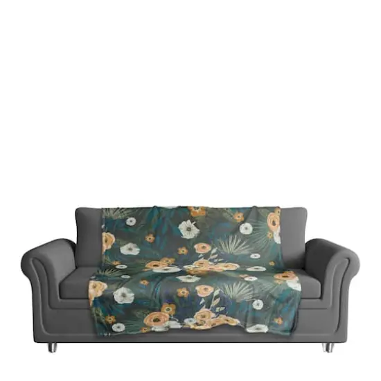 Tropical Floral Coral Fleece Blanket Green {4}