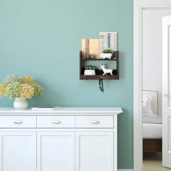 Rustic Wood Floating Storage Shelf with 3 Hooks Brown {8}