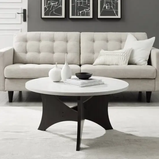 36" Faux White Marble & Graphite Mid Century 3-Leg Round Coffee Table {4}