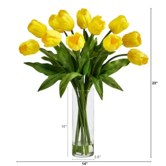 23" Artificial Tulip Arrangement with Cylinder Glass Vase Yellow {3}